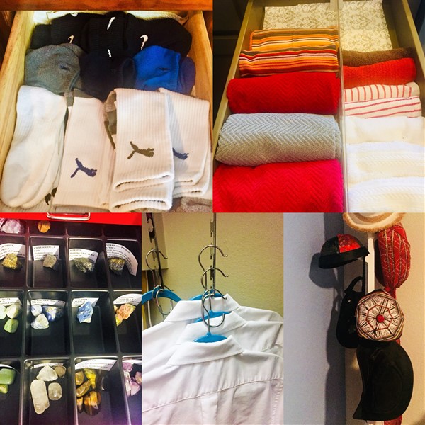 Clockwise from top left: Folded socks, Kitchen napkins, Hat collection, Small closet ideas, Rock collection