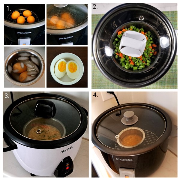 1. Perfect Boiled Eggs 2. Steamed Veggies for Carrot-Green Beans Poriyal 3. Steamed Veggie Upma 4. Steaming Sambar in Rice Cooker